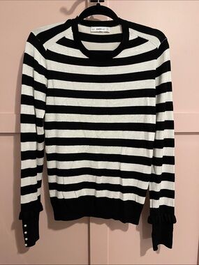 Zara Black & White Striped Crewneck Sweater with Pearl Cuff Detail